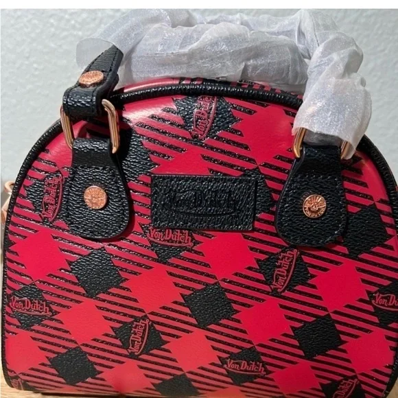 VON DUTCH NWT BLACK AND RED plaid bowling bag FULL INCLUSION - Picture 6 of 11